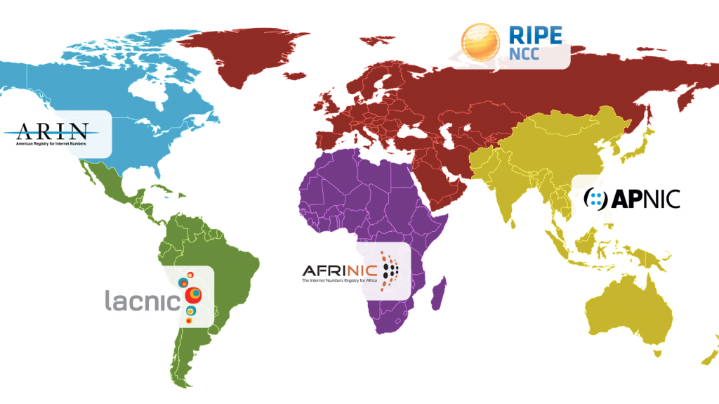 Mapa mundial con proveedores de asignación de IP iana