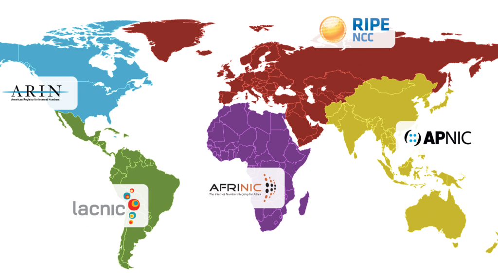 Mapa mundial con proveedores de asignación de IP iana