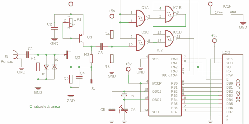 Esquema eléctrico del frecuencímetro digital con lcd