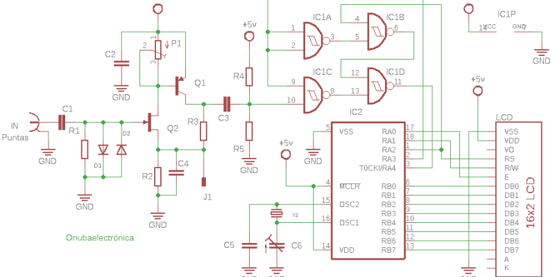 Esquema eléctrico del frecuencímetro digital con lcd